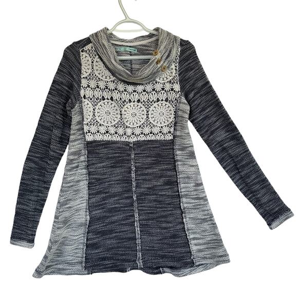 Maurices Cowl Neck Knit Pullover Sweater Women M Gray Crochet Pleated Patchwork - Picture 1 of 13